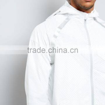 100% Polyester All Over Print Reflective Trim White Hooded Sports Jacket Mens With Mesh Lining Inside Simple Long Sleeves photo-5