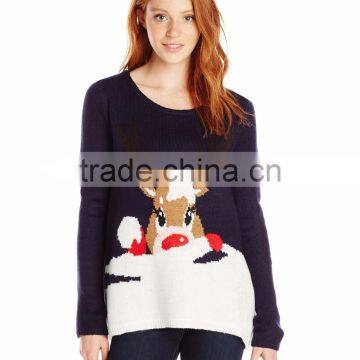 Women Deep Blue Sweater Dancing Little Reindeer Head Pattern Christmas Sweater Knitting Patterns