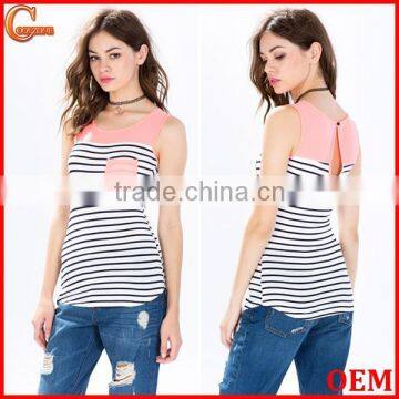 Hot Selling Sleeveless Strips Kinited Pocket Front Clip Back Lady Blouse