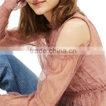 2017 OEM Spring Romantic Pink Lace Frill Strapless Women's Blouses photo-3