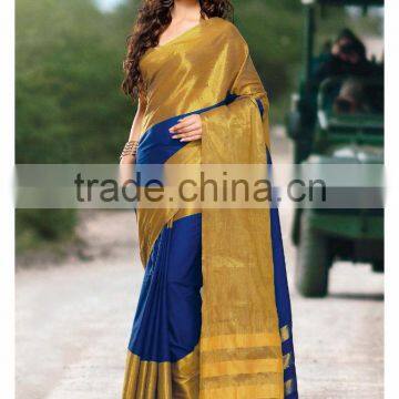 Heavenly Blue & Golden Color Combination Royal Drapes Cotton Blends Designer Sarees