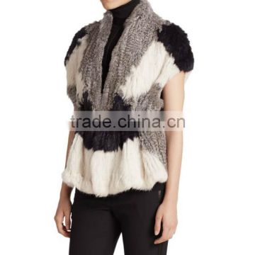 YR230 Colorblock Real Rabbit Hand Knitted Fur Vest NEW Arrival