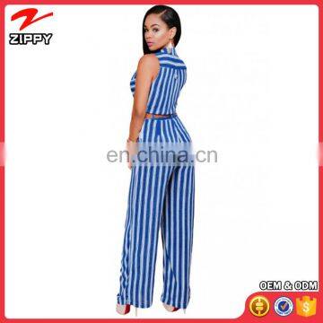 OEM Service High Quality Fashion Sexy Stripes Button Front Belted Jumpsuit photo-2