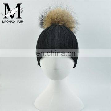 Wholesale New Fashion Hat With Raccoon Fur Ball Hand Knitted Baby Hat