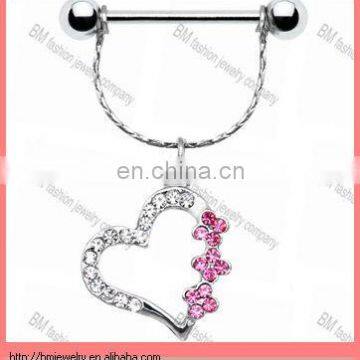 dangling heart in pink and clear gems nipple piercing jewelry rings in stainless steel