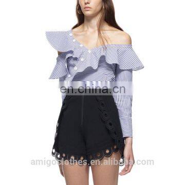 2017 Summer New Style Navy Stripe Jumpsuit Long Sleeve One Shoulder Lotus Neck Cotton Top and Mini Lace Pant Sets photo-3