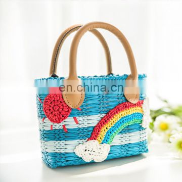 Yarncrafts Rainbow Summer Cotton Raffia Straw Tote Bag with Polyester Lining Handmade Crocheted kids bag