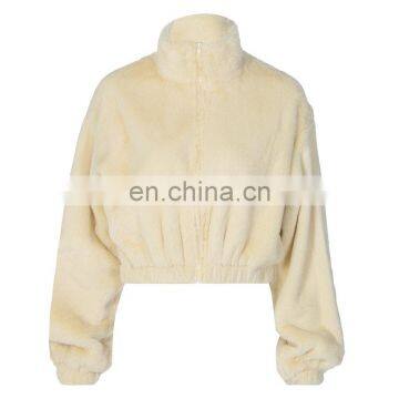 Hot Selling White Color Women Winter Fleece Zip up Crop Bomber Jackets and Coats photo-3