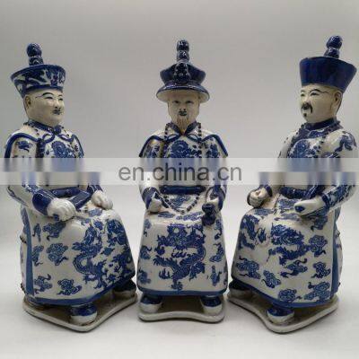 Vintage Antique Style Blue and White Porcelain Three Sitting Emperors Ceramic Figurines Sculptures Statues photo-3