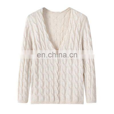 V-Neck Pure Cashmere Sweater for Women Long Sleeved Knitted with Twist Flower and Button Casual Style for Autumn Season