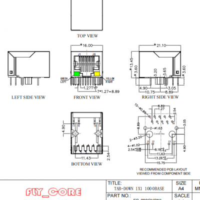 FC-202GYDNL ，fly_core，10M/100/1000M，RJ45 with transfomer，and LED，tab-down
