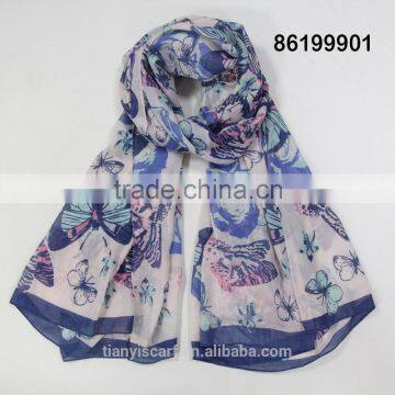 New Design Fashion Long Scarf Colorful Buterrfly Printted Spring Scarves