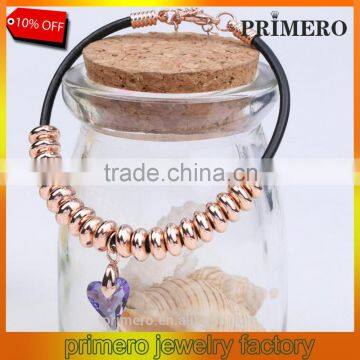 Fashion Austrian Crystal Plated Bracelets Leather Rope Heart Love Beads Bangles Jewelry