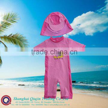 Baby Swim sunsafe +hat,with rubber printed minnie at front chest, contrast colour of fabric and function of UV protection.