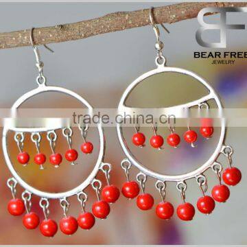 Retro Jewelry Red Blue Stone Beads Big Round Circle Dangle Drop Earrings for Women