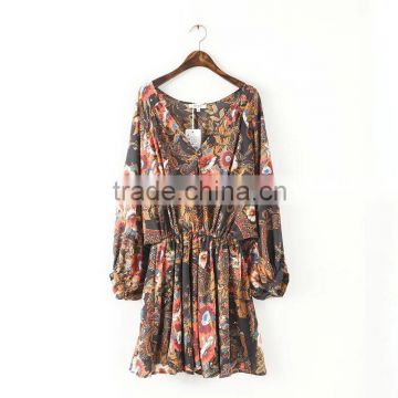 lady clothing deep v neck cap sleeve dress of women printed chiffon dress