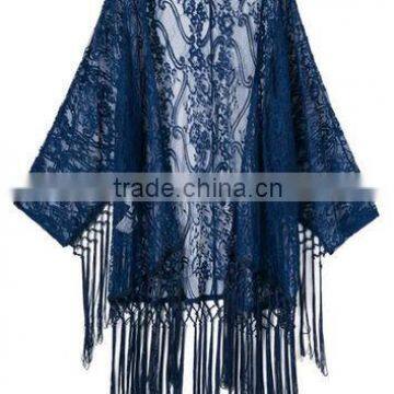 Blue Crochet Lace Fringe Kimono