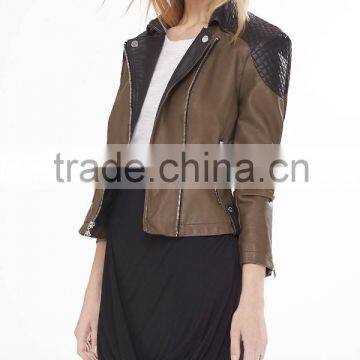 Womens Color Block Quilted Shoulder Moto Jacket