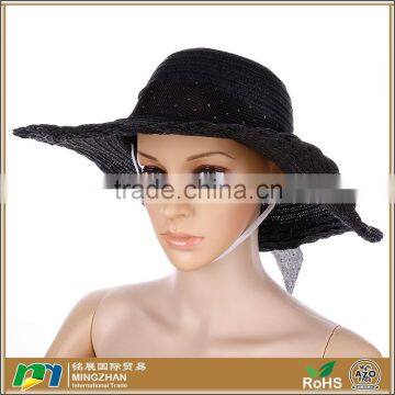 Women's balck wide brim visor shade beach straw hat with wind lanyard