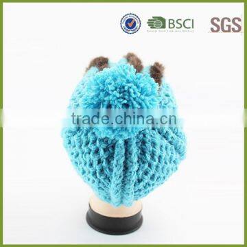 Blue Color Custom Knitted Pom Beanie Hat With Fur photo-3