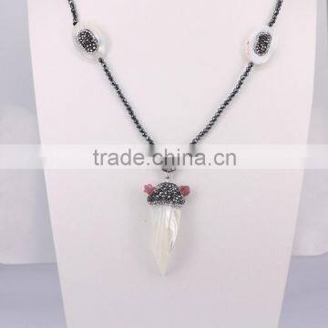 Charm Carved Shell Gem Necklace, with 3mm Black Hematite Beads Necklace, Pendant Druzy Natural Stone Necklace