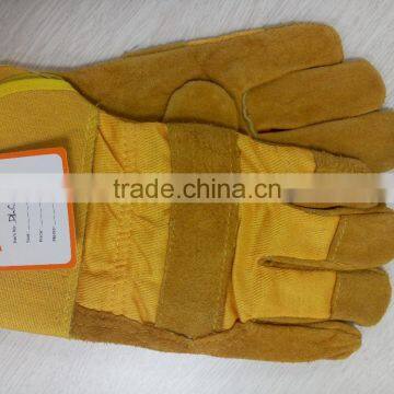 Yellow Cow Split Leather Safety Glove With Patch Palm Yellow Cotton Drill Back photo-2