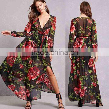 ladies dressing gowns 100% polyester Floral Chiffon Maxi Dress Long Sleeve Evening Gowns