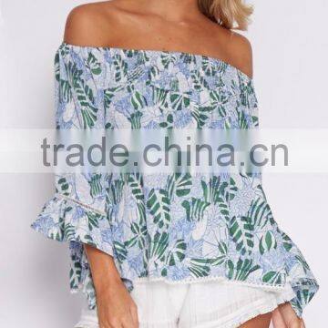 latest printing design free feel woman summer tops off shoulder long sleeve tops with lace trim