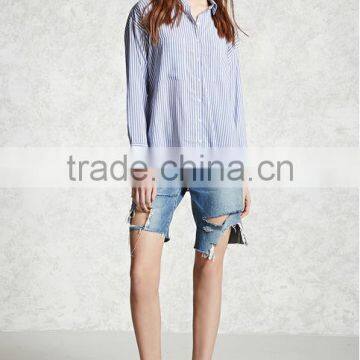 Woman Long Sleeve Striped Button Down Basic Collar Curved Hem Cotton Blouse photo-6
