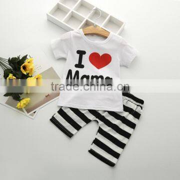 I Love Mama Knit Cotton Outfit White Undershirt Short-Sleeved Black White Striped Pants