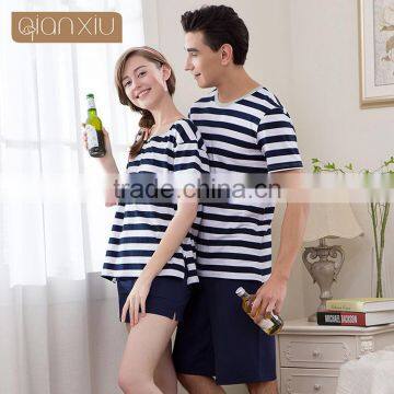 2017 New hot Qianxiu navy blue stripe cotton couples sleepwear pajamas