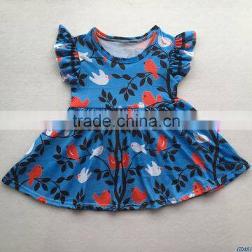 Boutique trees birds printed kids blue dress high quality children girls flutter summer dresses baby cotton clothes outfit