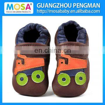 Toddler Boy Soft Sole Genuine Leather Shoes Brown Fire Truck Design Size 0-4 Years