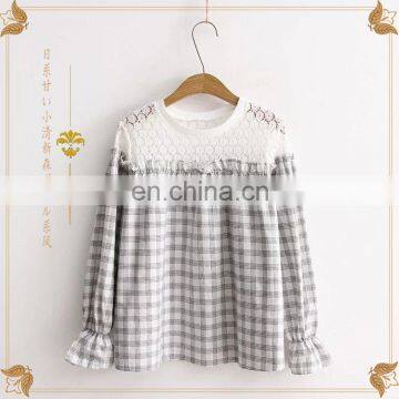 Cloth lace stitching Japanese sweet Plaid Shirt spring long sleeve shirts for girls