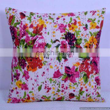 Floral Kantha Cushion Cover Kantha Throw Pillow Cover Hand Stitched Indian Cotton Handmade White Cushion Cover