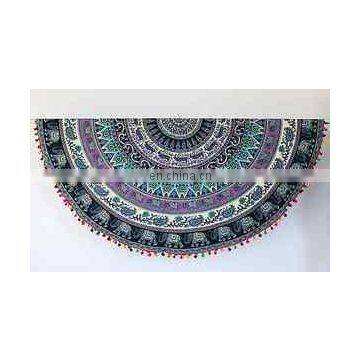 Indian Round Mandala Tapestry Multicolor Pom Pom Fringes Yoga Mat Beach Towel