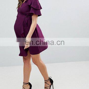 Fashion Comfortable Maternity Mini Wrap Dress With Ruffle Sleeve photo-2
