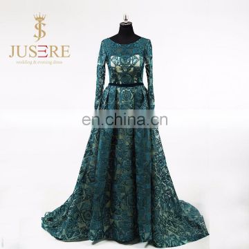 2016 Luxury Lace And Organza Embroidery Muslim Evening Dresses Long Sleeves Turquoise Beaded 2016 Party Dress