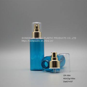Wholesale 100cc Blue PETG Plastic Personal Care Lotion Cosmetic Round Bottle With Gold Sprayer Pump photo-2