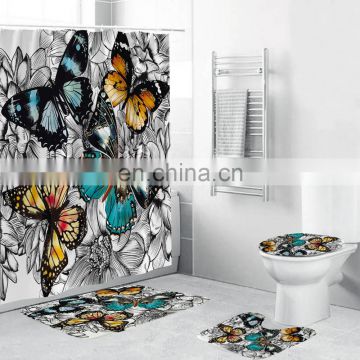 4 Piece Animal 3D Printing Theme Shower Curtain and Bath Mat Set Wolf Couple Waterproof Non-Slip Bathroom Curtain and Rug Set