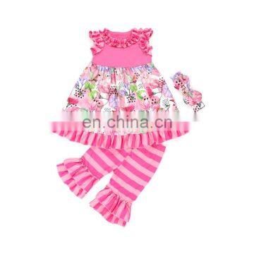 Hot Pink Stripe Flower Dress And Capris Headband Baby Girl Summer Clothes Boutique Girls Outfits