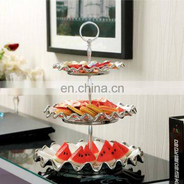Custom Royal Style Restaurant Decor Three-tier Cake Fruit Stand Silver-plated Ceramic Dining Table Decoration
