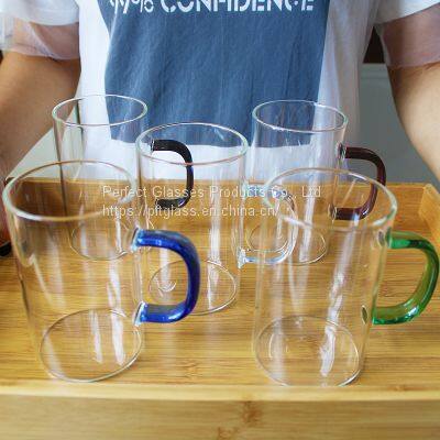 Hot Sale Logo Customized Glass Cup With Colorful Handle Glass Coffee Mug With Green Brown Blue Handle photo-2