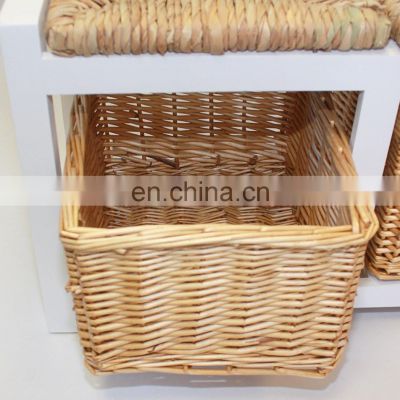 White Two Seater Wooden Storage Bench With Wicker Baskets and Seating photo-2
