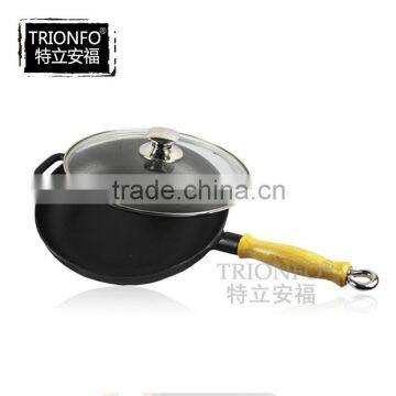 Pre-seasoned cast iron cookware with a long wooden handle