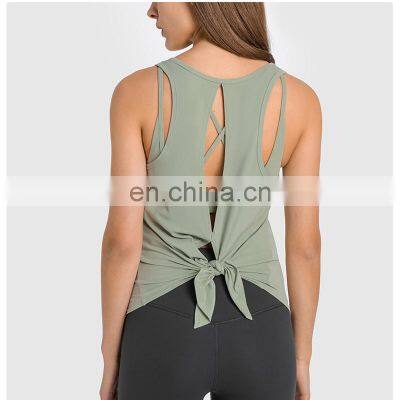 Hot Selling New Beauty Back Yoga Vest Bow Ties Loose Casual Gym Tanks Women Sportswear Yoga Top Running Blouse