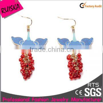 Red Beads Pendant Blue Enamel Bird Earrings