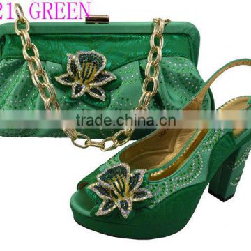 GF21 green New arrival 2015 shoes and bag to match set the lastest design low heel shoes platform comfortable for walking