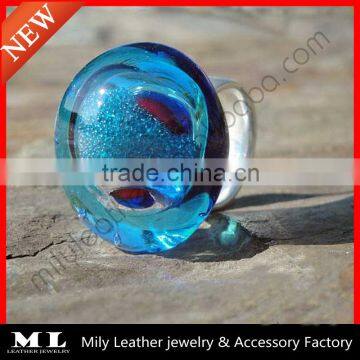 2014 DIY Blue hollow glass ring top with Small Beads Ring GHBR-017