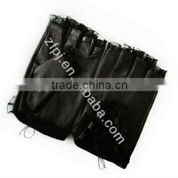 Lace design summer black leather girls fingerless gloves